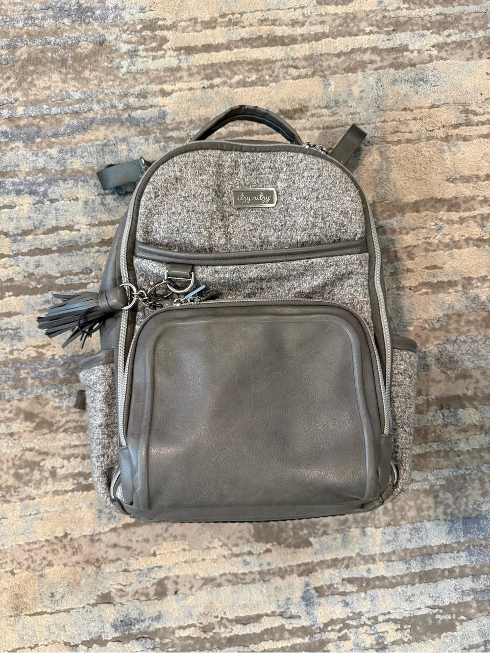 Itsy Ritzy Gray Wool-Blend Backpack with Faux Leather Front Pocket